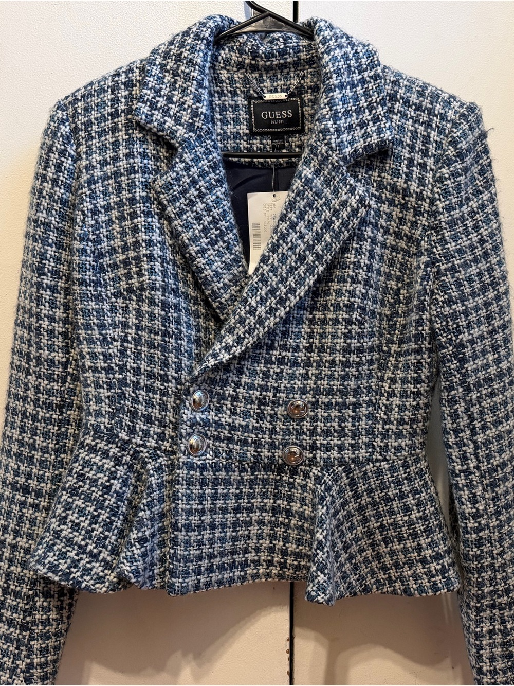 GUESS Blue and White Tweed Double-Breasted Peplum Blazer